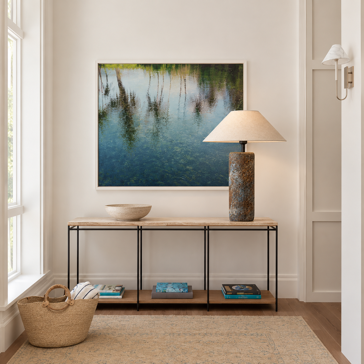 Large textured ceramic table lamp on an entryway console