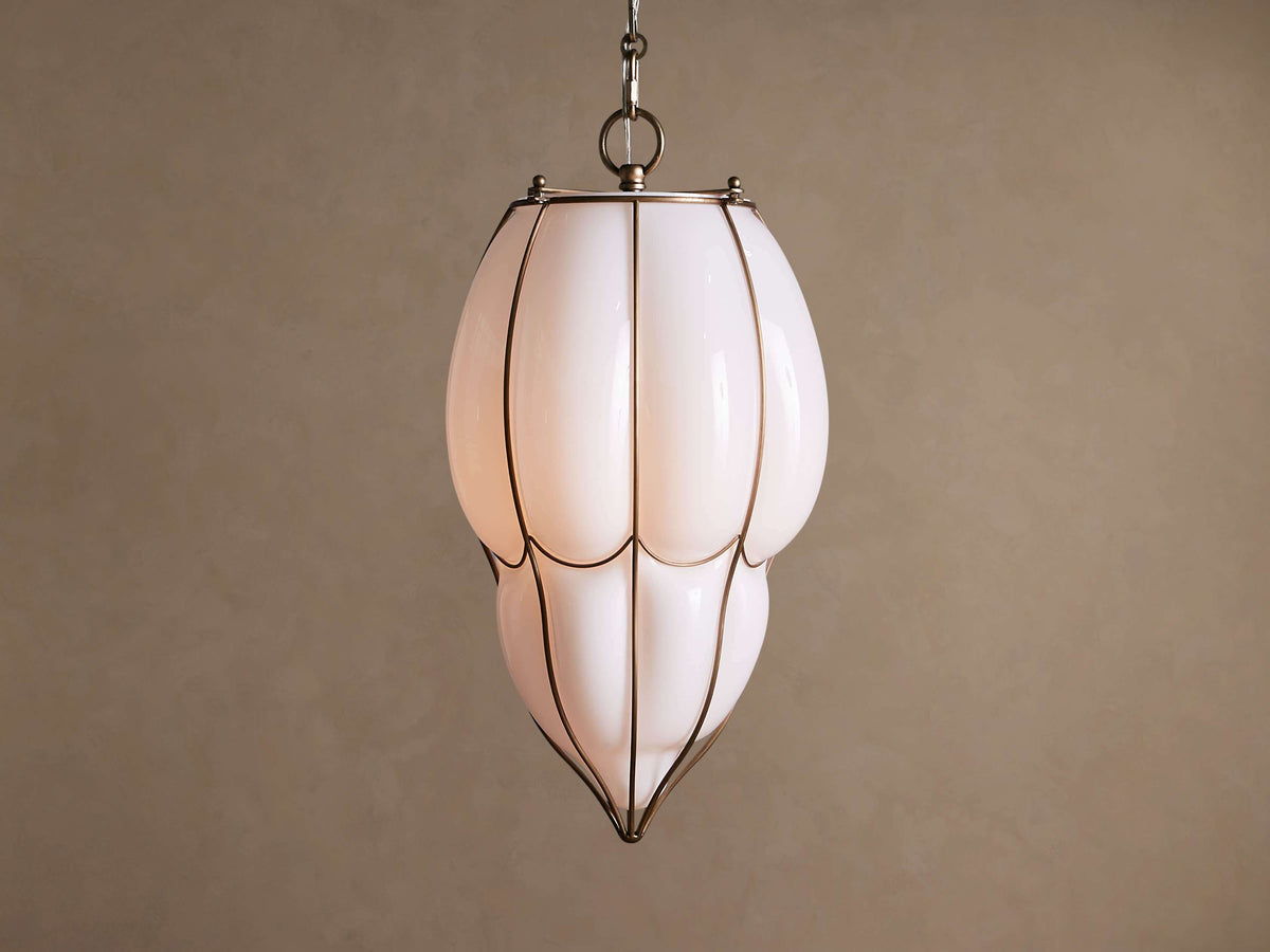 Milk Glass Lantern Pendant Light for Stairwell Entry & Kitchen Island | 20.5 Inch Tall Brass Cage Chain Casalola Lights