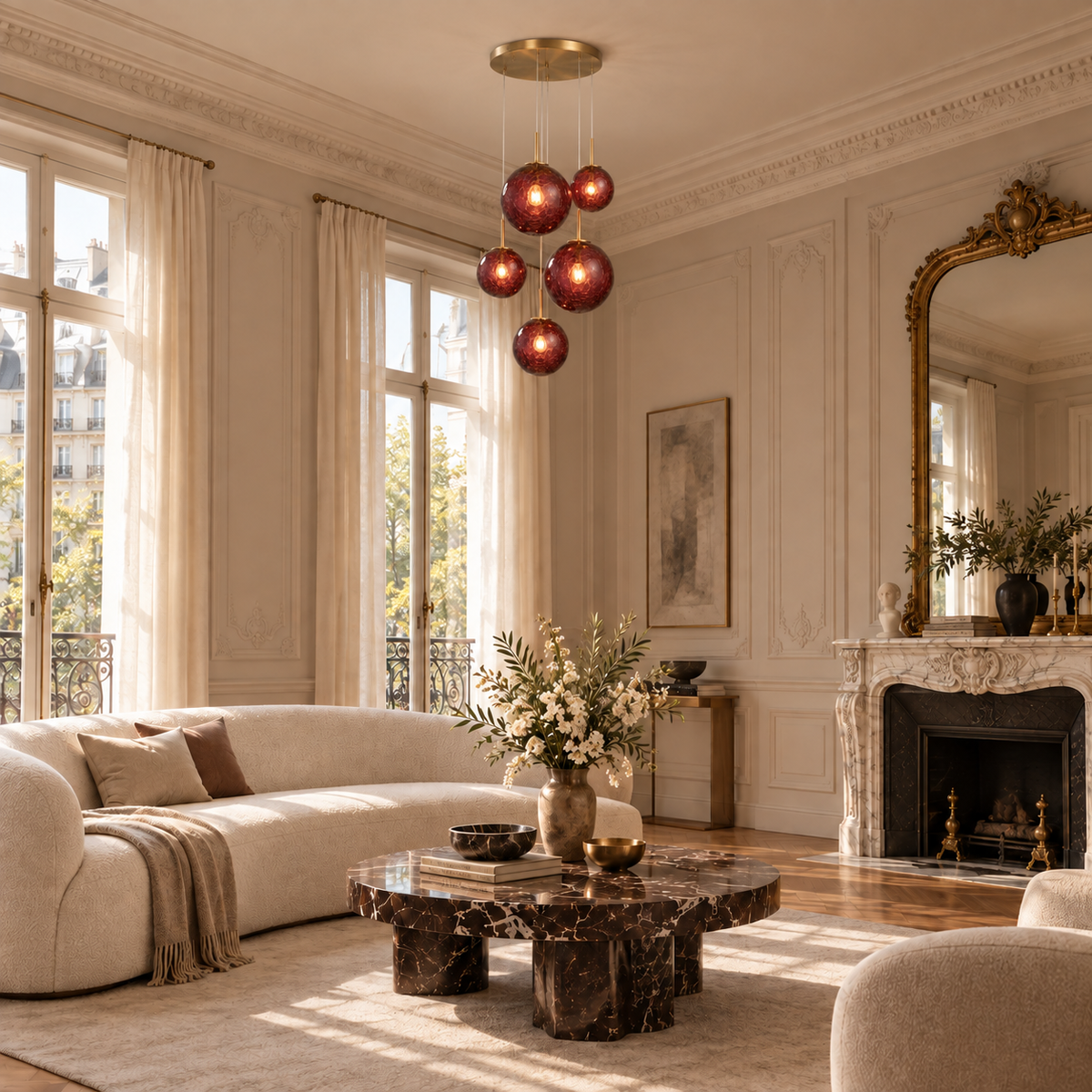 Five Light Burgundy Glass Pendant | Suspended Color Along a Brass Frame Stairwell or Foyer Bold Casalola Lights Luxury