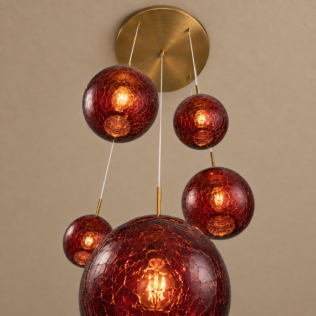 Five Light Burgundy Glass Pendant | Suspended Color Along a Brass Frame Stairwell or Foyer Bold Casalola Lights Luxury