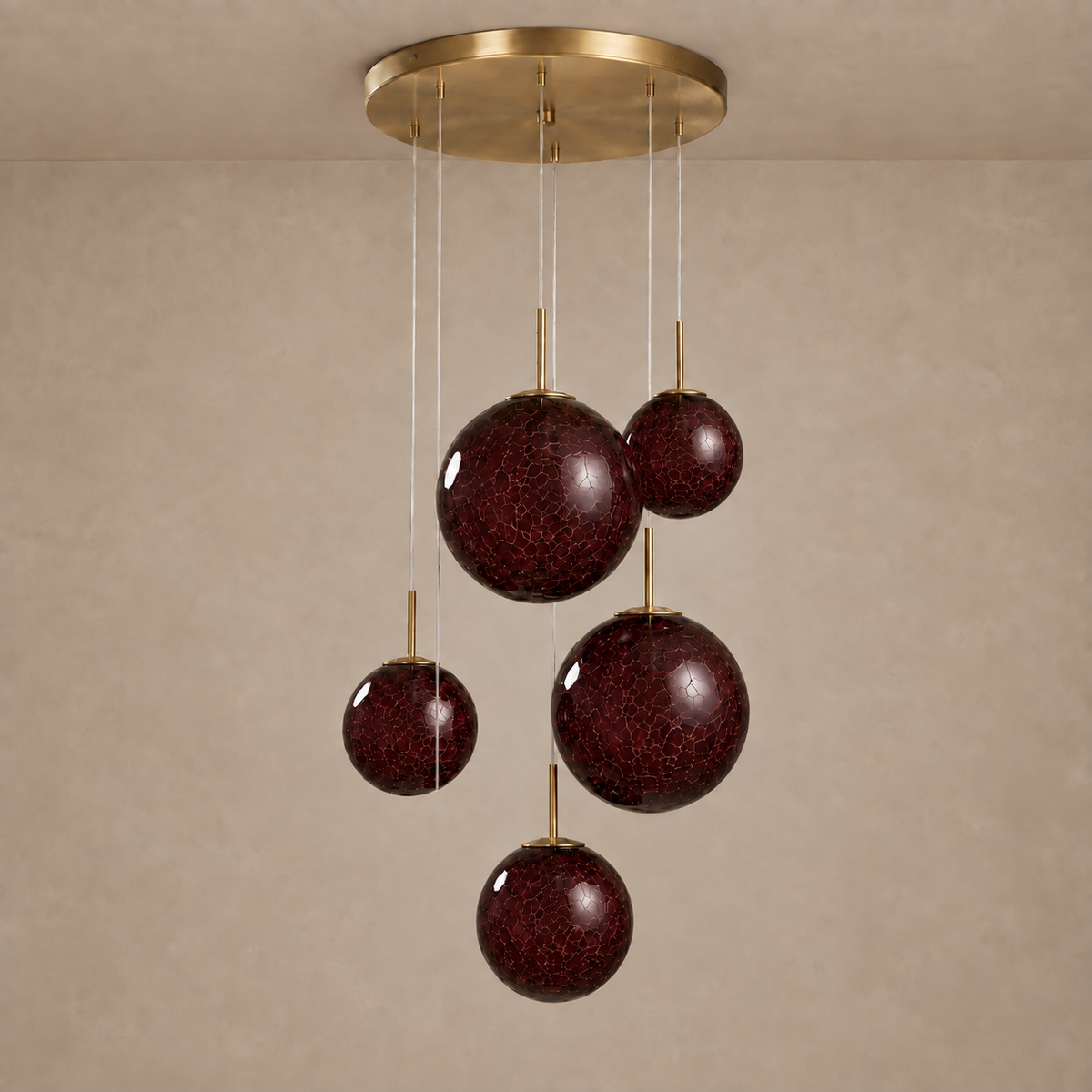 Five Light Burgundy Glass Pendant | Suspended Color Along a Brass Frame Stairwell or Foyer Bold Casalola Lights Luxury
