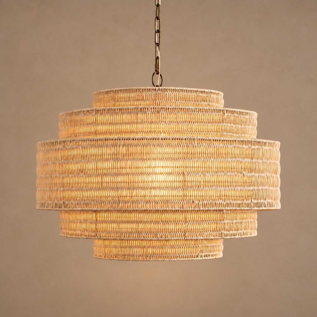 Beige Rattan Chandelier Tiered Woven Drum | Coastal Ceiling Light for Living Room Small or Large Casalola Lights Luxury