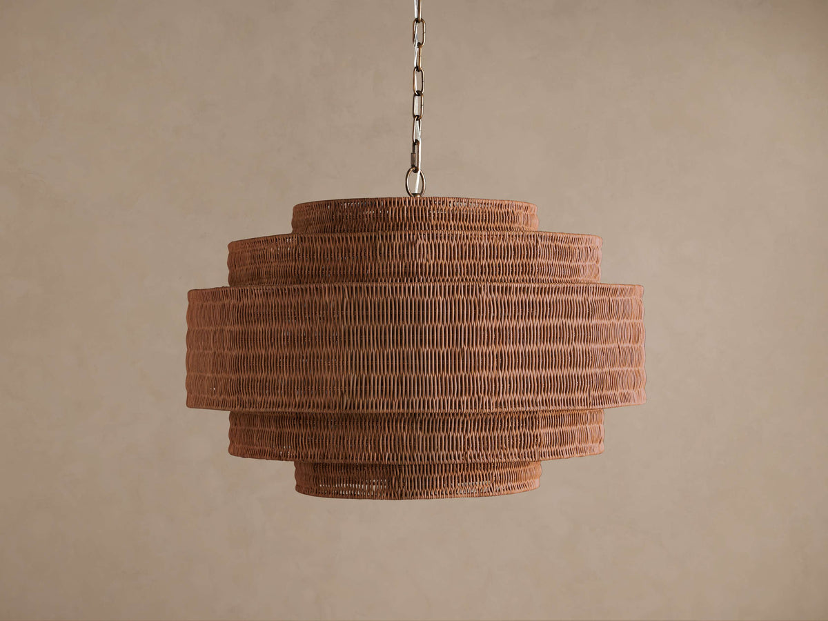 Rattan Chandelier for Dining Room Cognac Tiered Woven Drum | Large Boho Light Fixture Custom Chain Casalola Lights