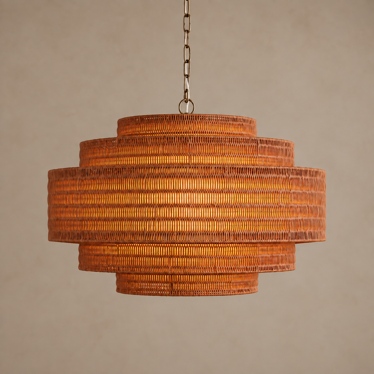 Rattan Chandelier for Dining Room Cognac Tiered Woven Drum | Large Boho Light Fixture Custom Chain Casalola Lights