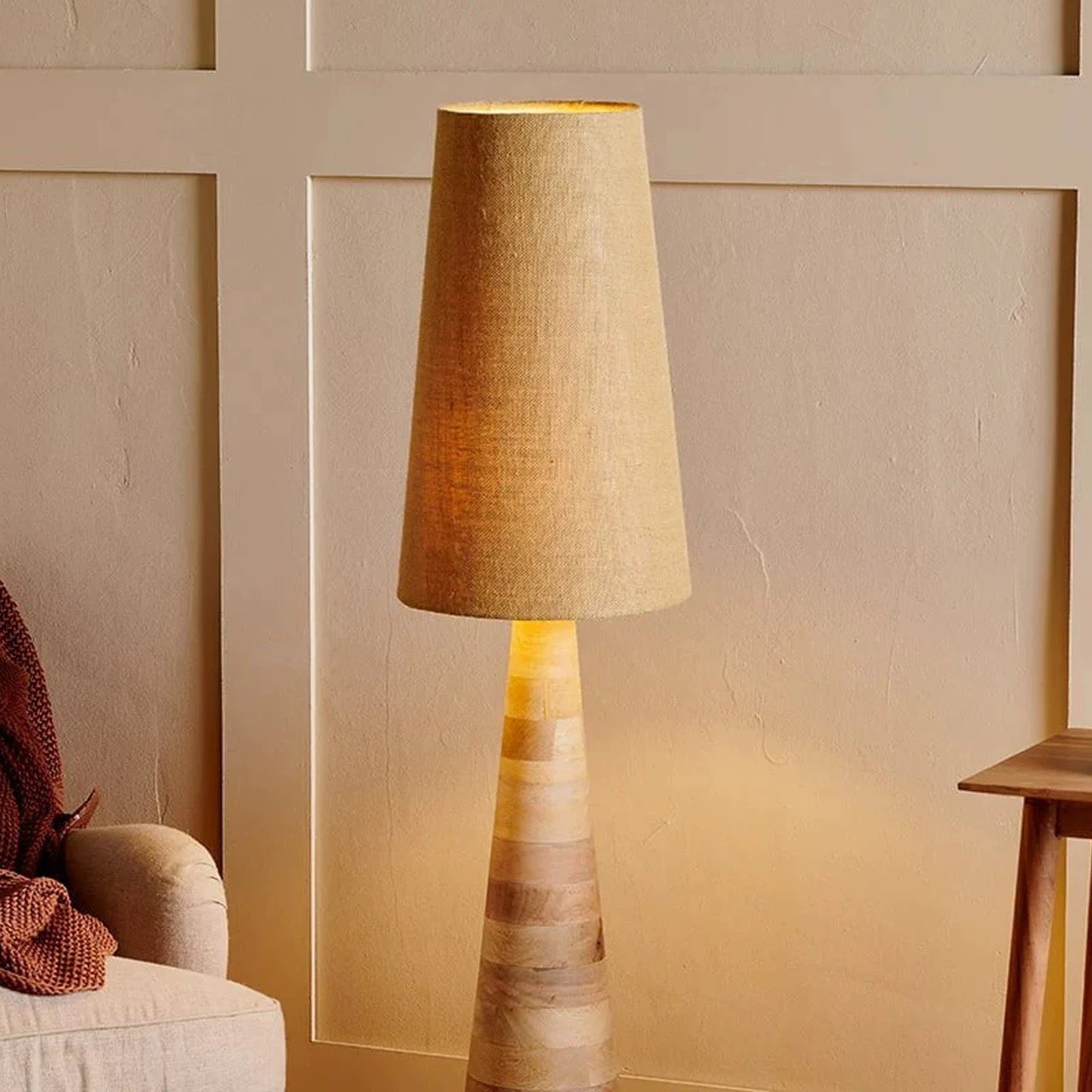 Solid Wood Totem Floor Lamp Conical Base Linen Shade Japandi Wabi Sabi 137cm Casalolalights Luxury Lamps for Interior