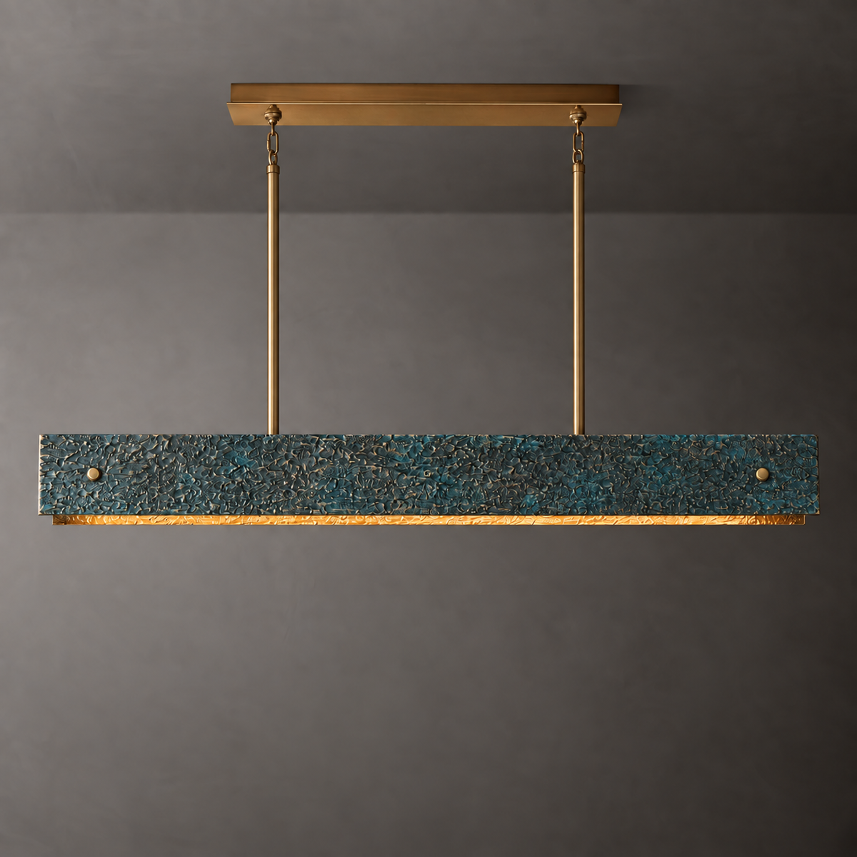 Blue Cast Copper Linear Chandelier for Kitchen Island | Brutalist Cratered Relief Dimmable Custom Rod Casalola Lights
