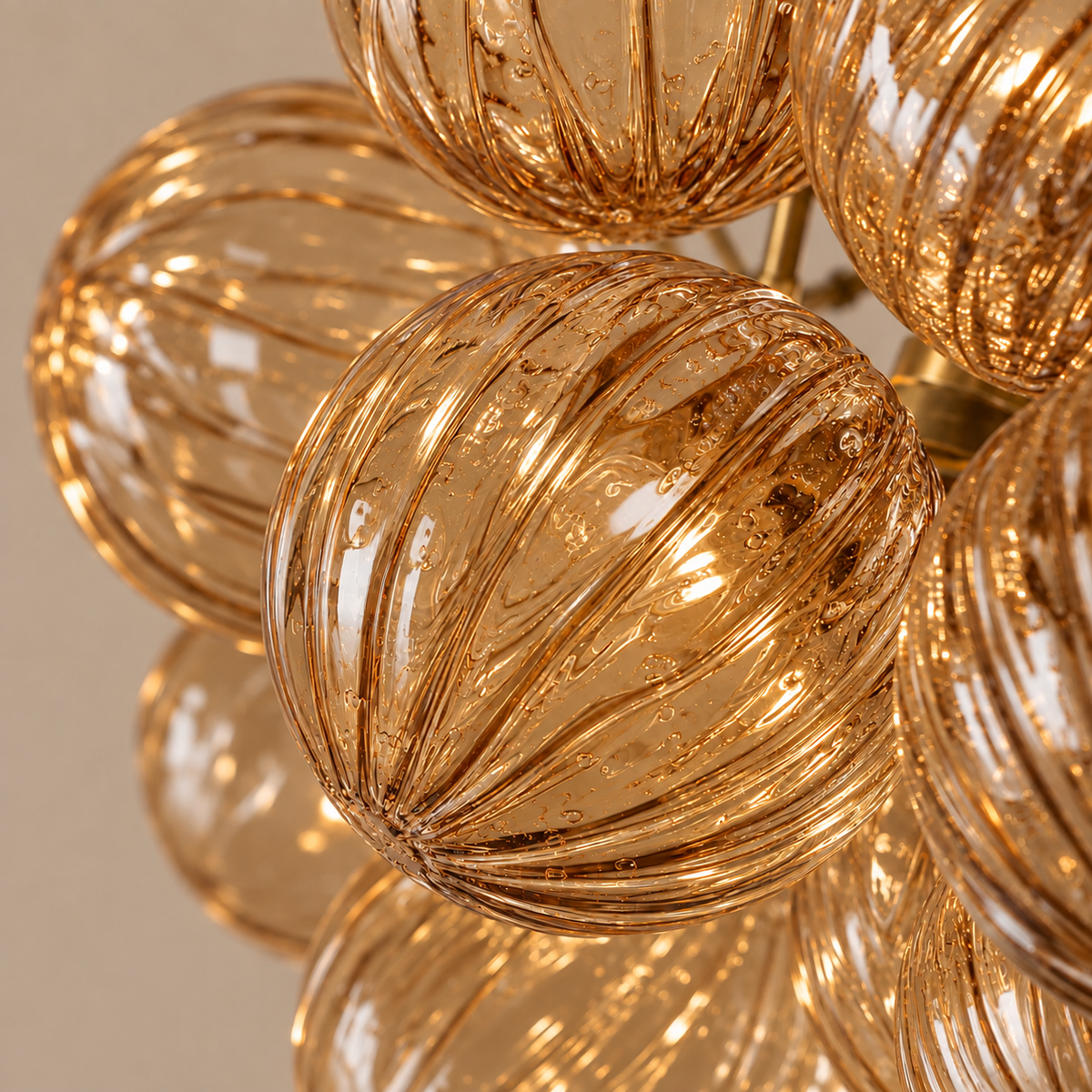 Amber Ribbed Glass Globe Cluster Chandelier Brass | Long Chain Standard for a High Ceiling Two Sizes Casalola Lights