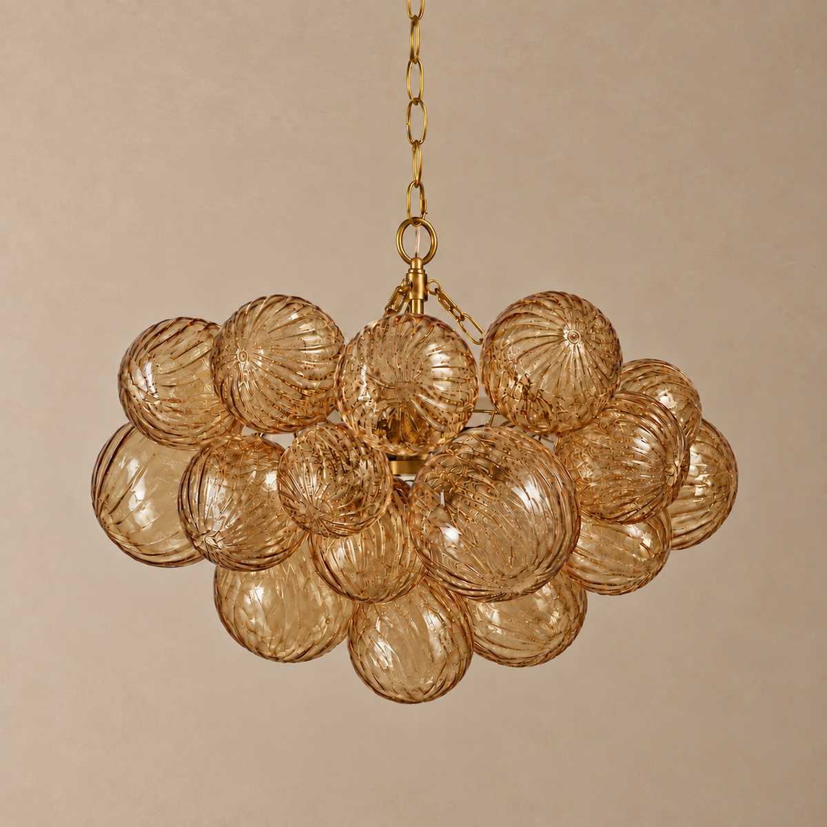 Amber Ribbed Glass Globe Cluster Chandelier Brass | Long Chain Standard for a High Ceiling Two Sizes Casalola Lights