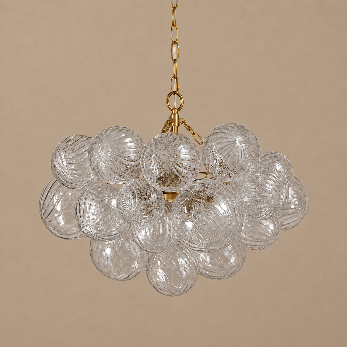Clear Ribbed Glass Globe Cluster Chandelier Brass | Long Chain Standard for a High Ceiling Two Sizes Casalola Lights