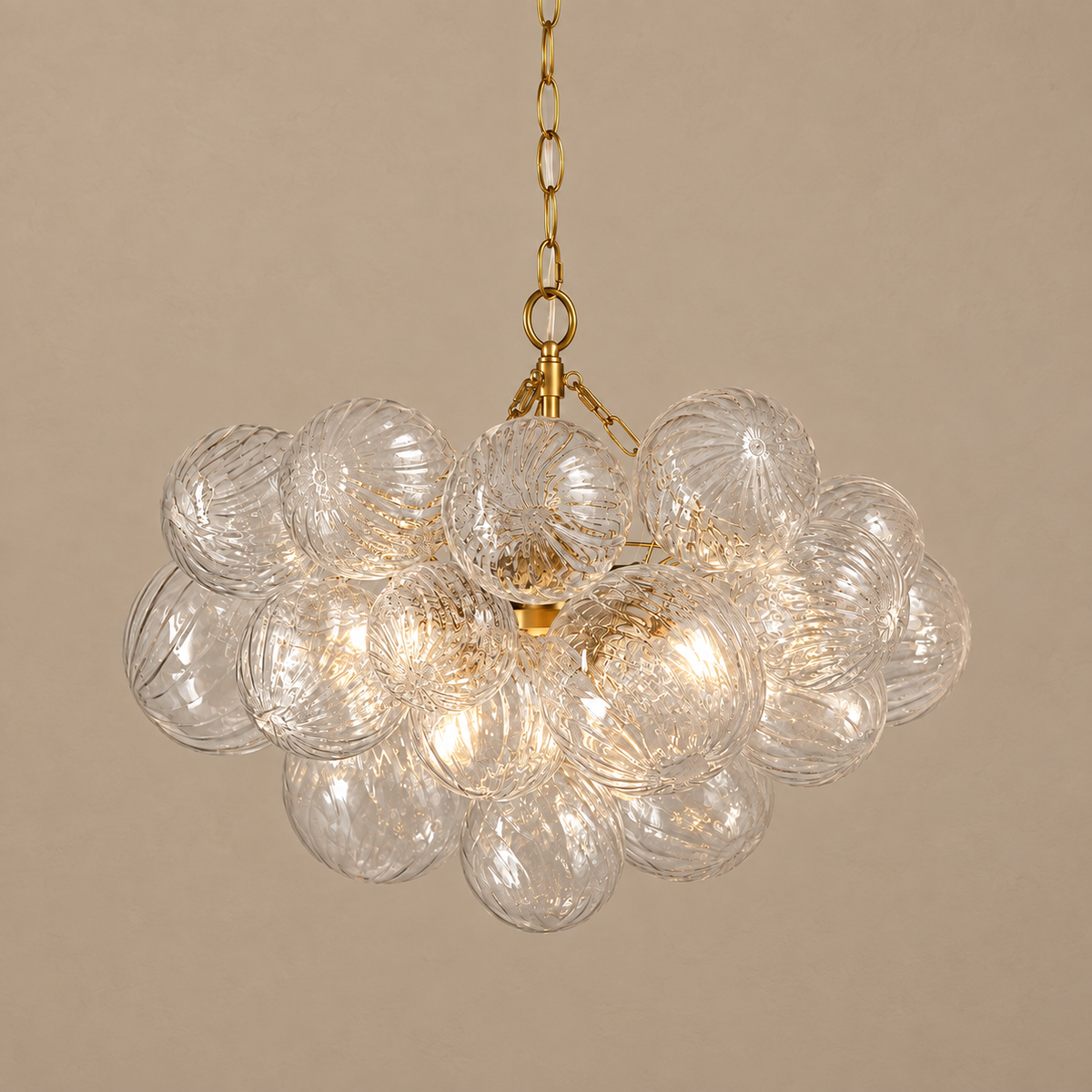 Clear Ribbed Glass Globe Cluster Chandelier Brass | Long Chain Standard for a High Ceiling Two Sizes Casalola Lights