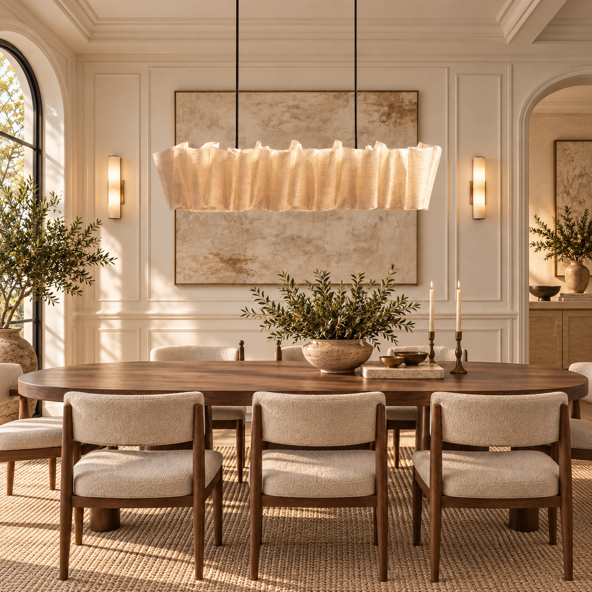 Handwoven Abaca Linear Chandelier | Natural Fiber Filters the Light Two Lengths Kitchen Island Casalola Lights Luxury