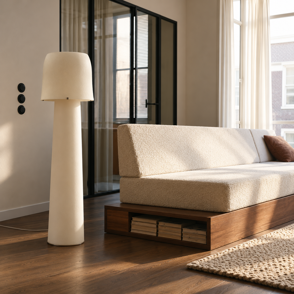 Tibur ivory floor lamp beside a walnut platform sofa in a daylight living room