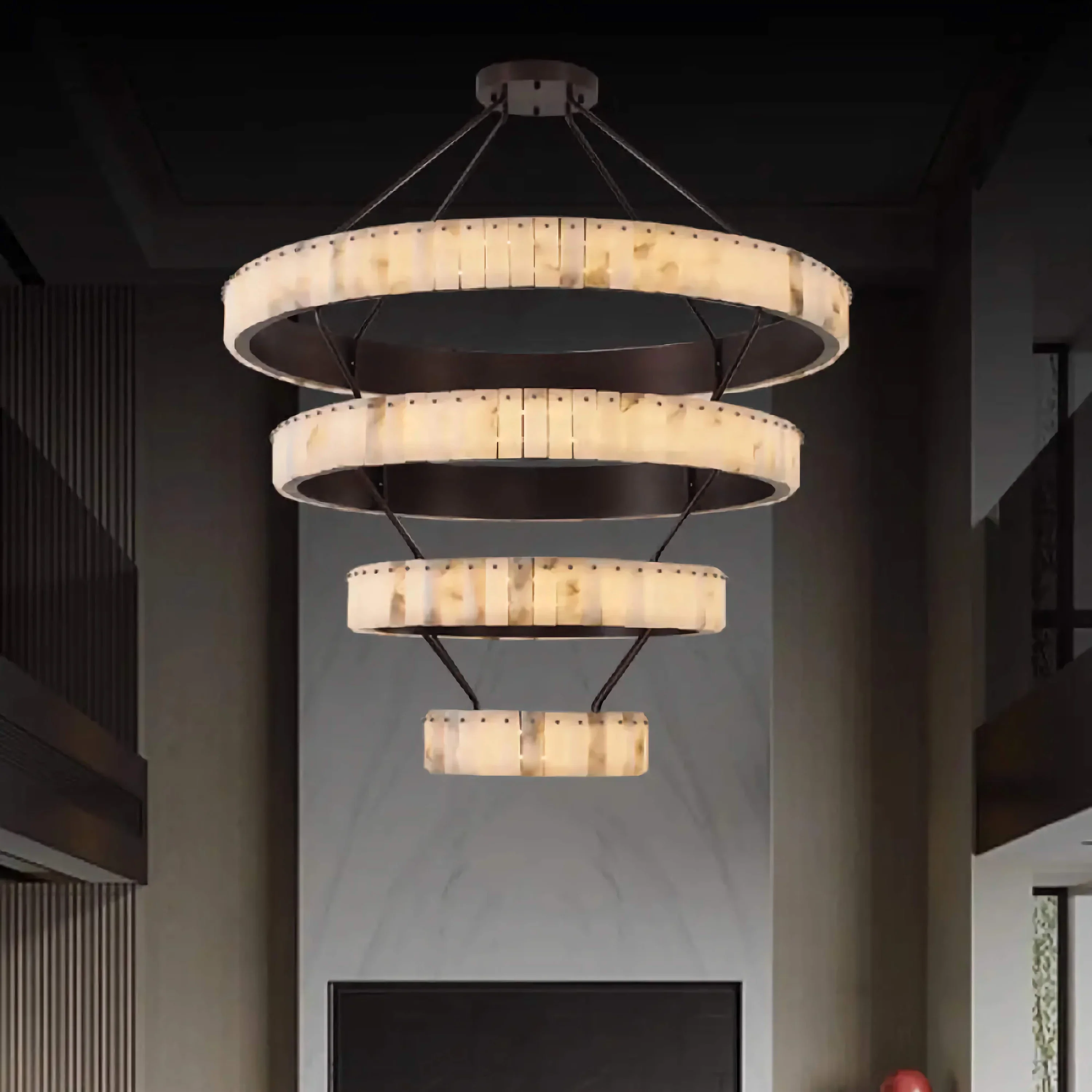 Tiered Alabaster Spiral Chandelier | Grand Stairwell Statement Light