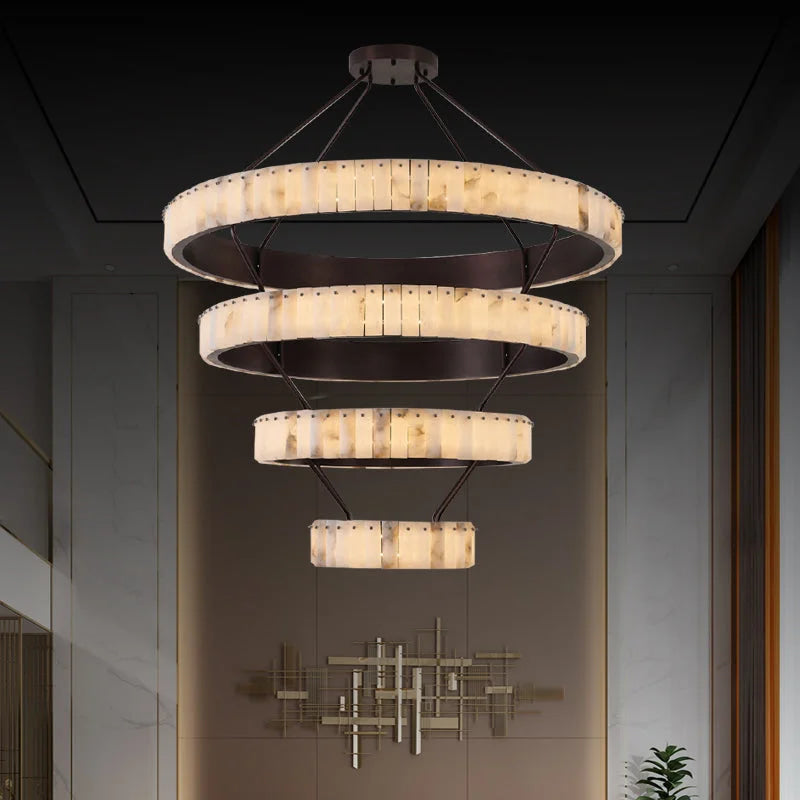 Tiered Alabaster Spiral Chandelier | Grand Stairwell Statement Light