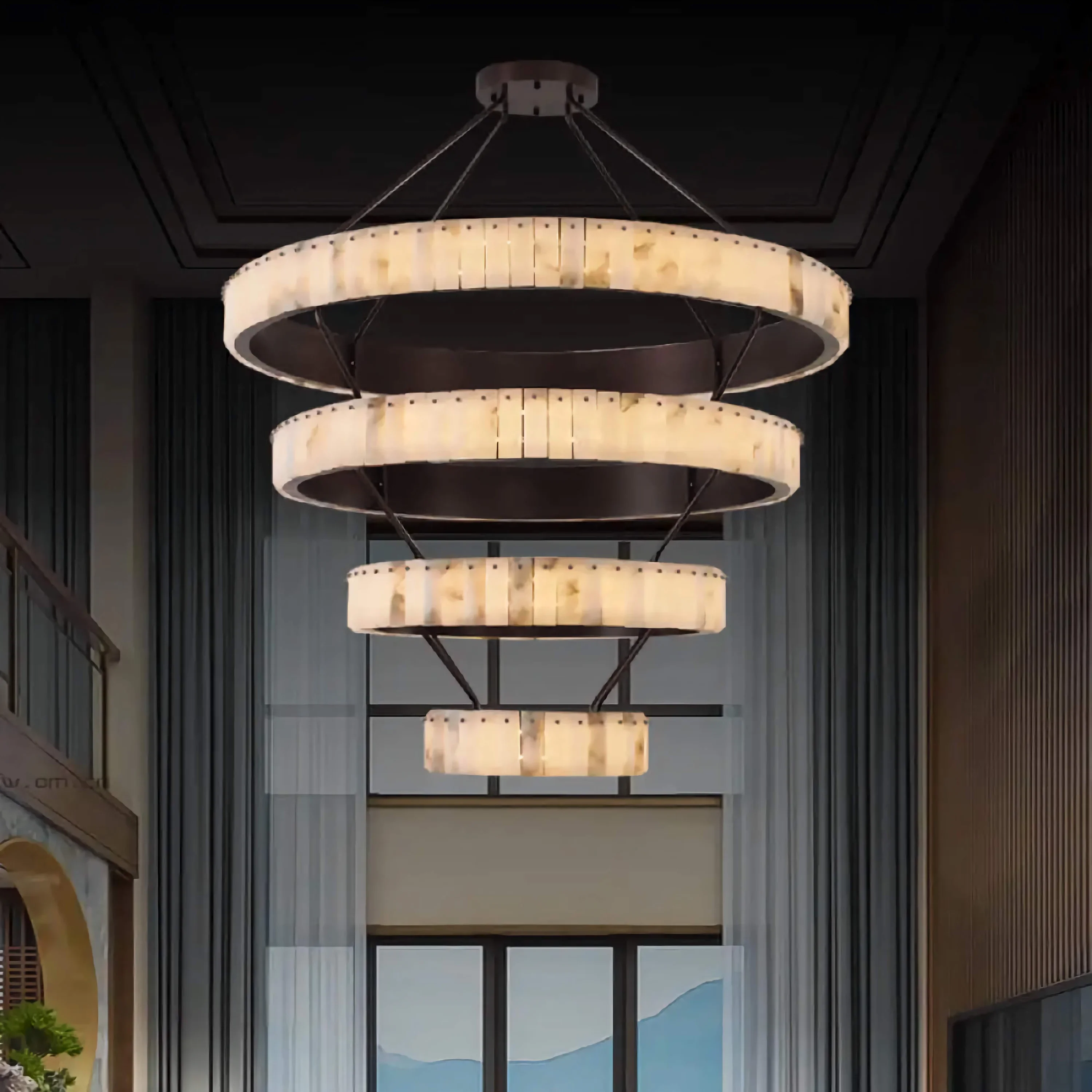 Tiered Alabaster Spiral Chandelier | Grand Stairwell Statement Light