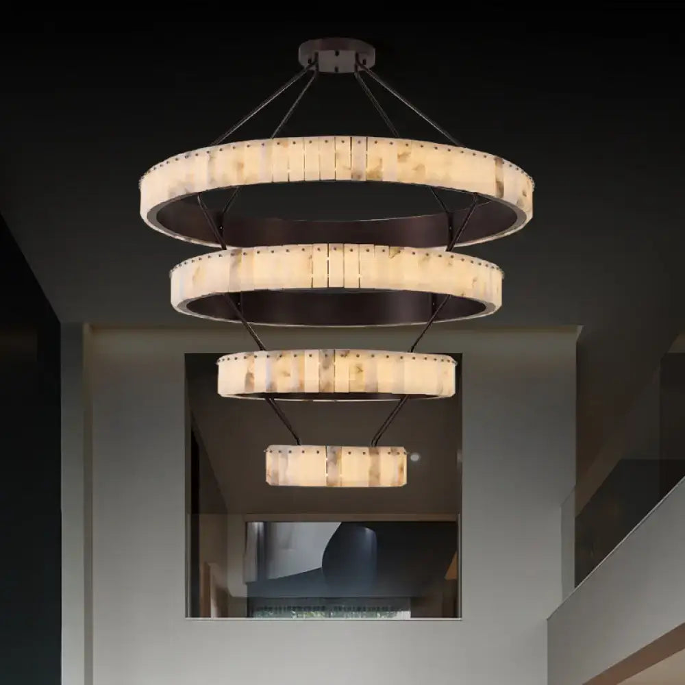 Tiered Alabaster Spiral Chandelier | Grand Stairwell Statement Light - Chandeliers