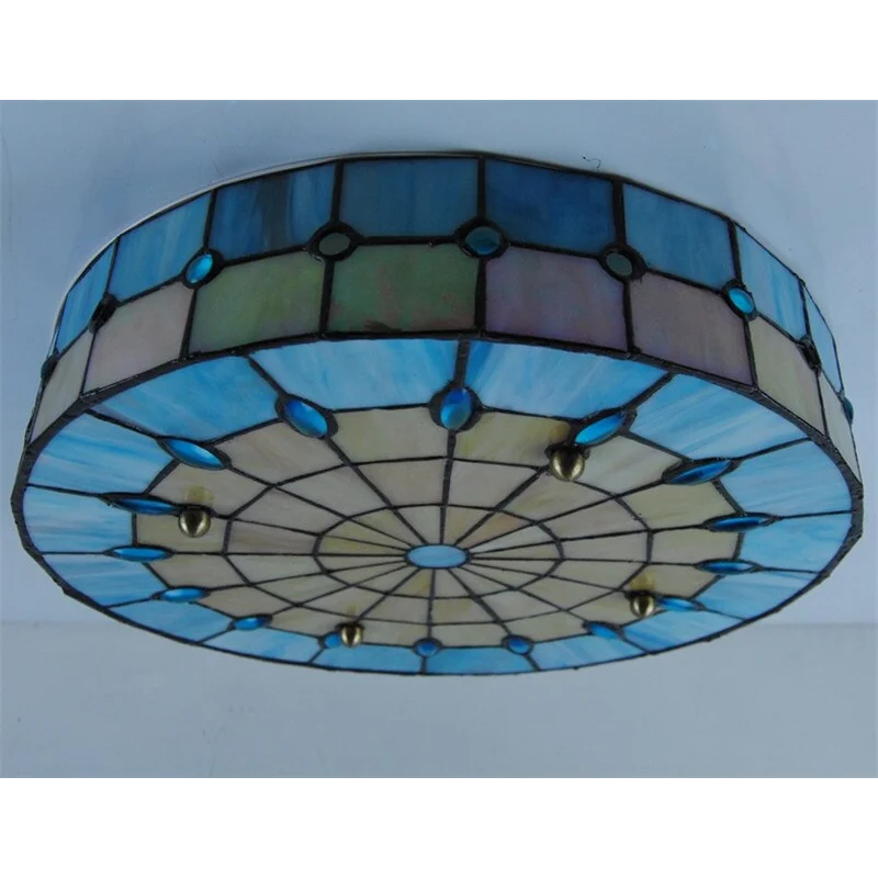 Blue Stained Glass Flush Mount Hand Leaded | Shallow for a Low Ceiling Three Sizes from Hallway Up Casalola Lights