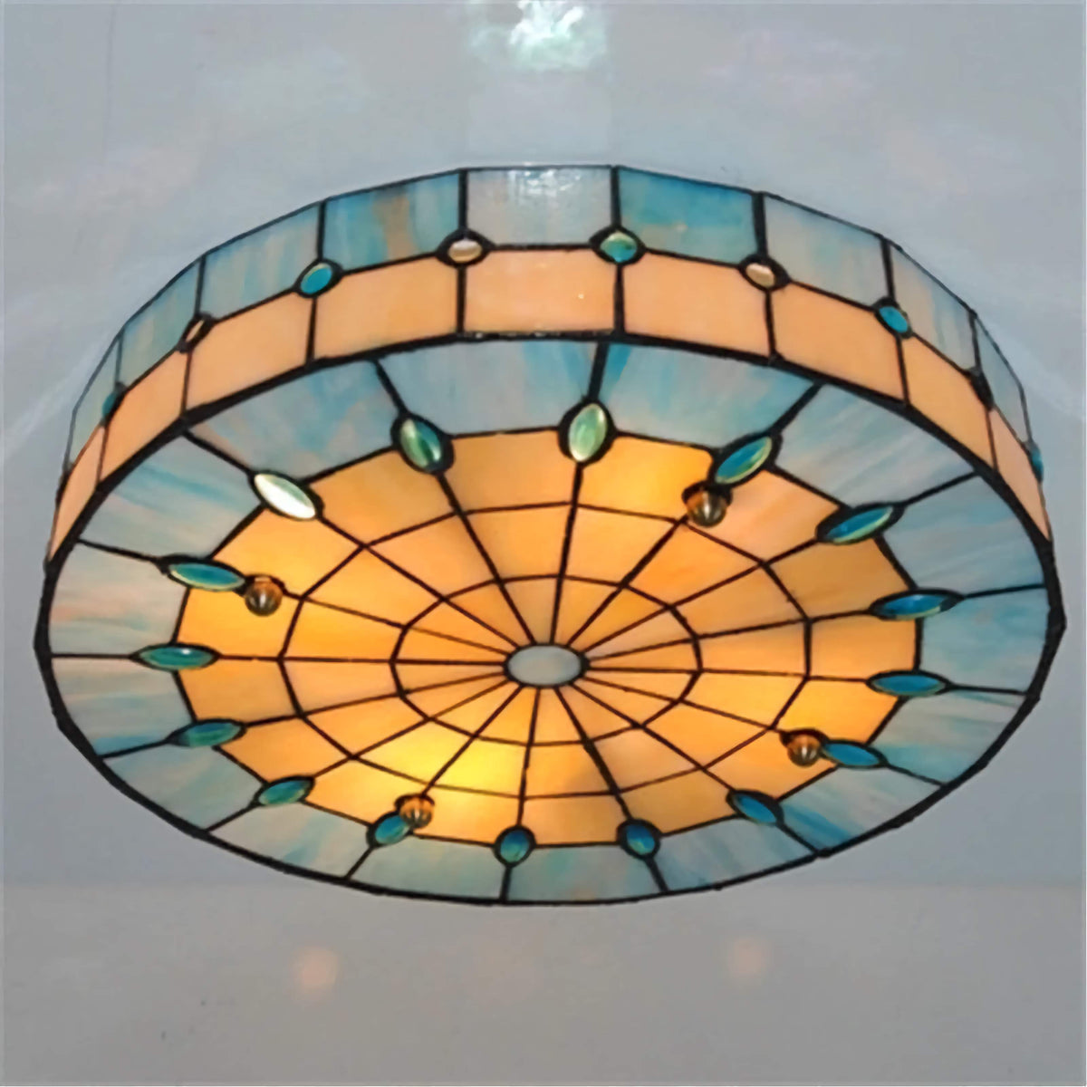 Blue Stained Glass Flush Mount Hand Leaded | Shallow for a Low Ceiling Three Sizes from Hallway Up Casalola Lights