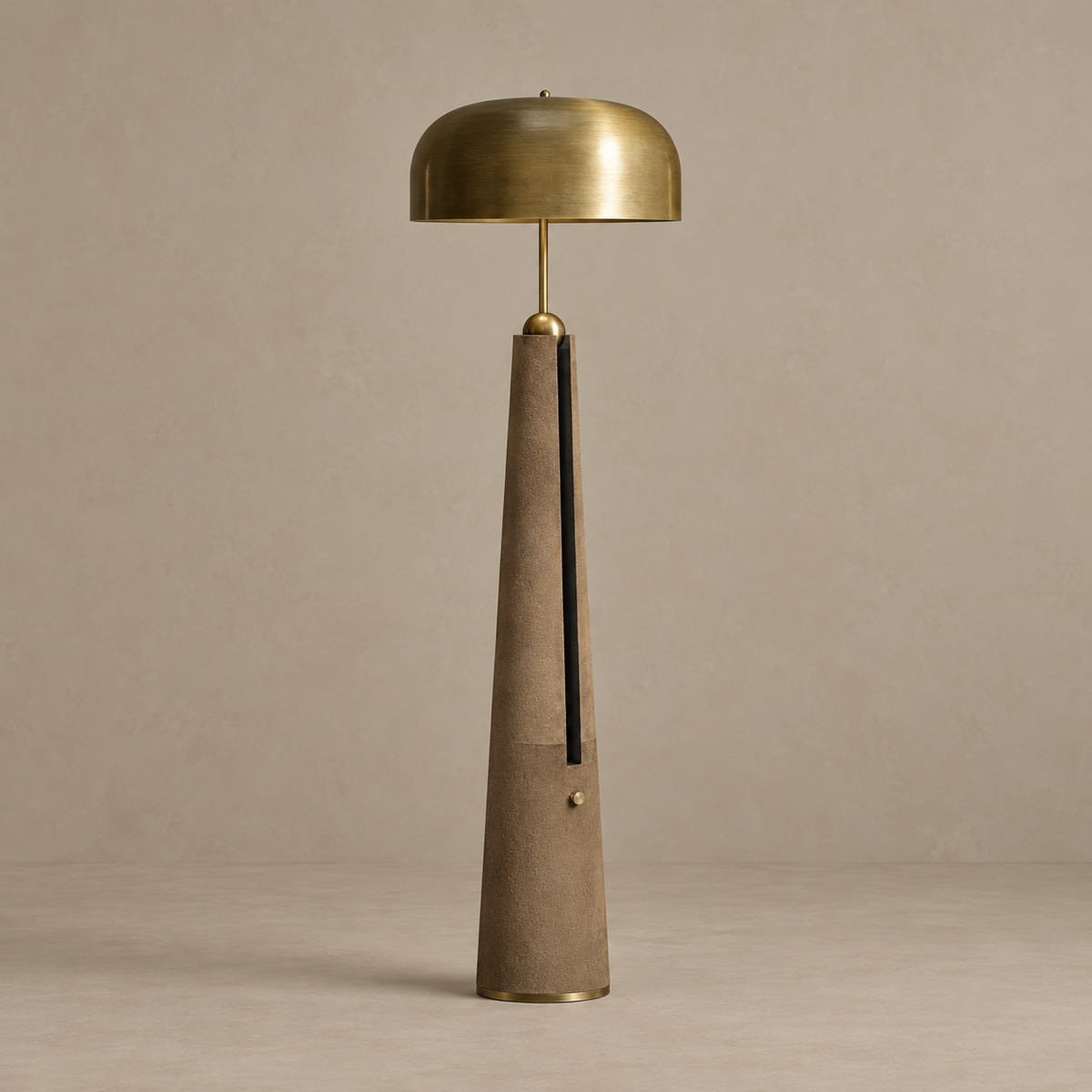 Trastevere floor lamp switched off, with a brass dome and tapered leather column.