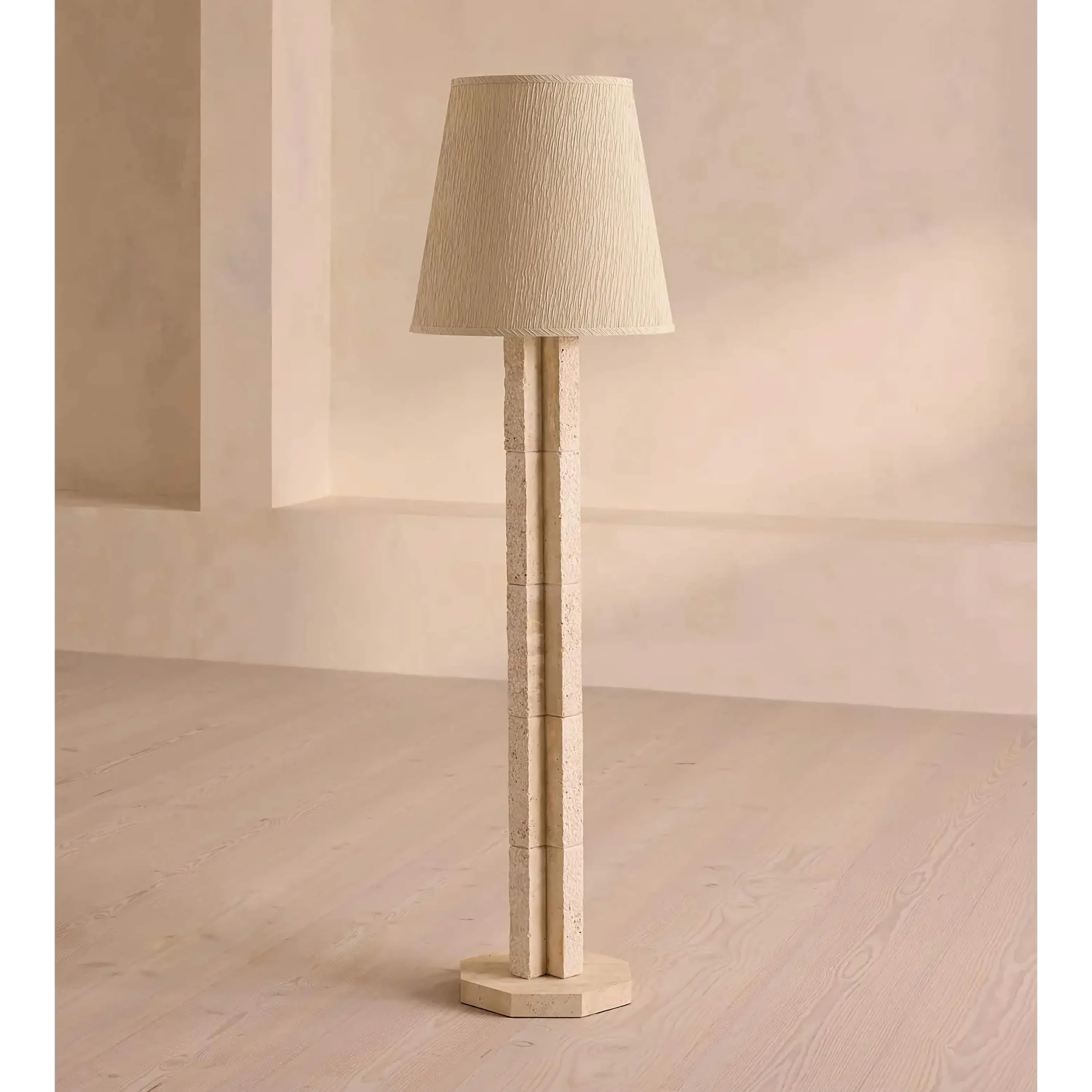 Living Room Travertine Block Floor Lamp – Minimalist Mediterranean Statement Lighting