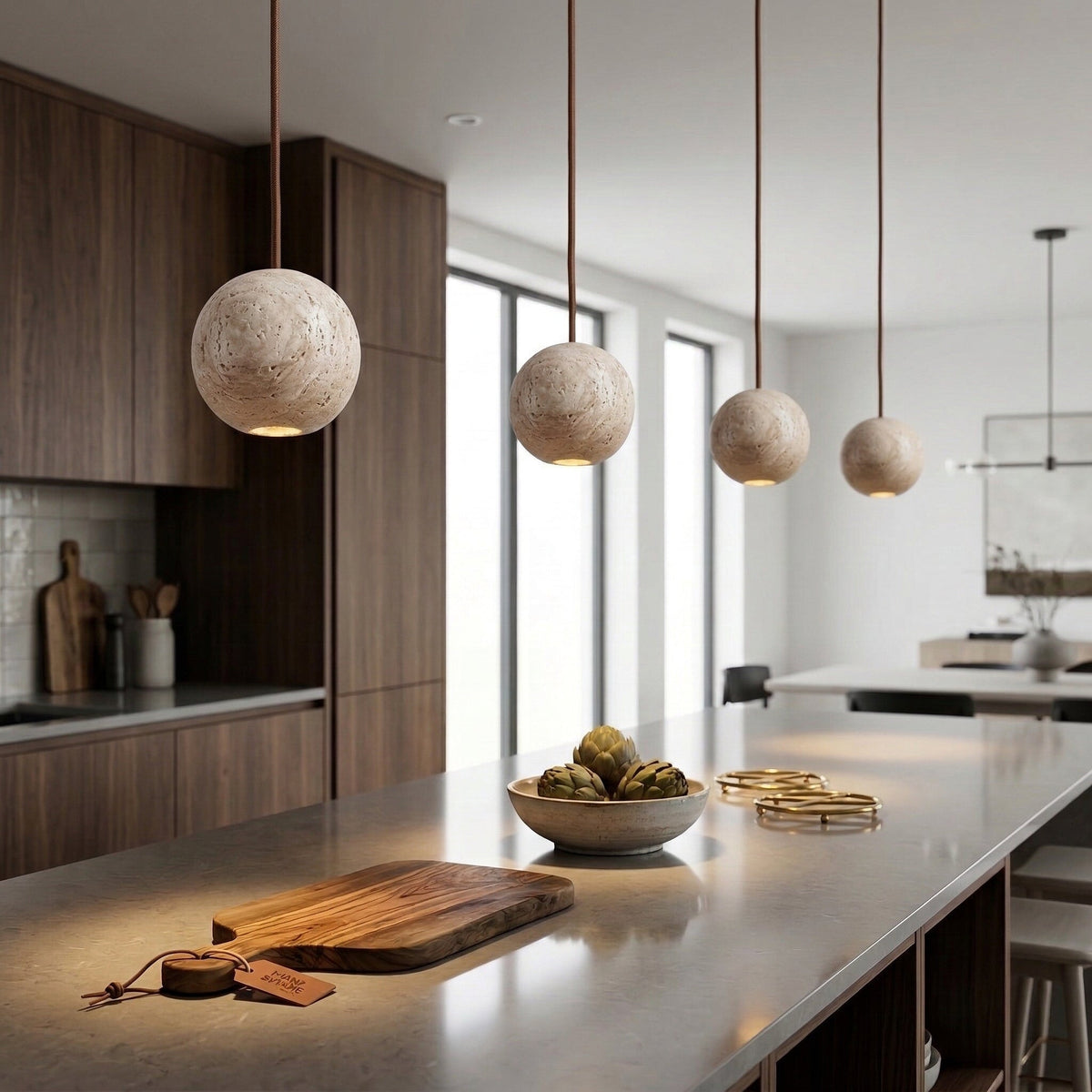 Travertine Globe Pendant Light for Kitchen Island or Bedside | Solid Stone Sphere 10 Cm (4″) Fabric Cord Casalola
