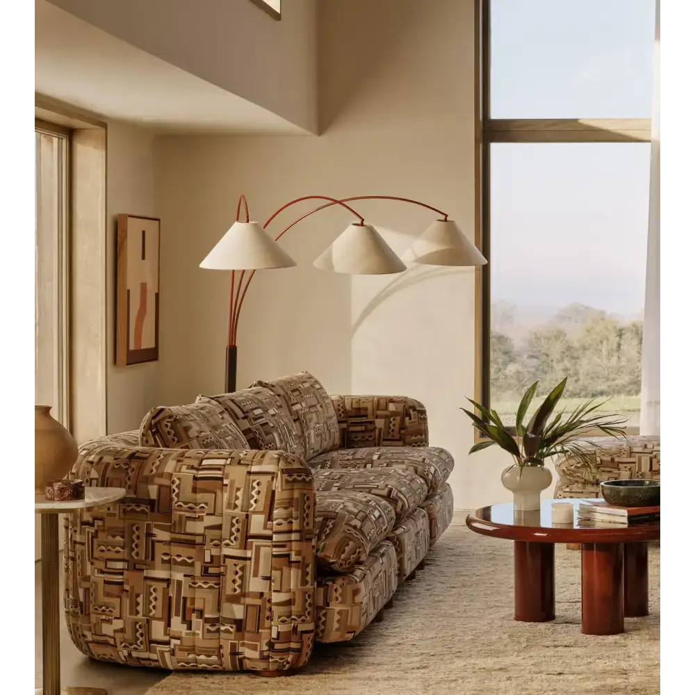 Triple Arm Linen & Marble Floor Lamp | Mid-century Modern Design - Lamps