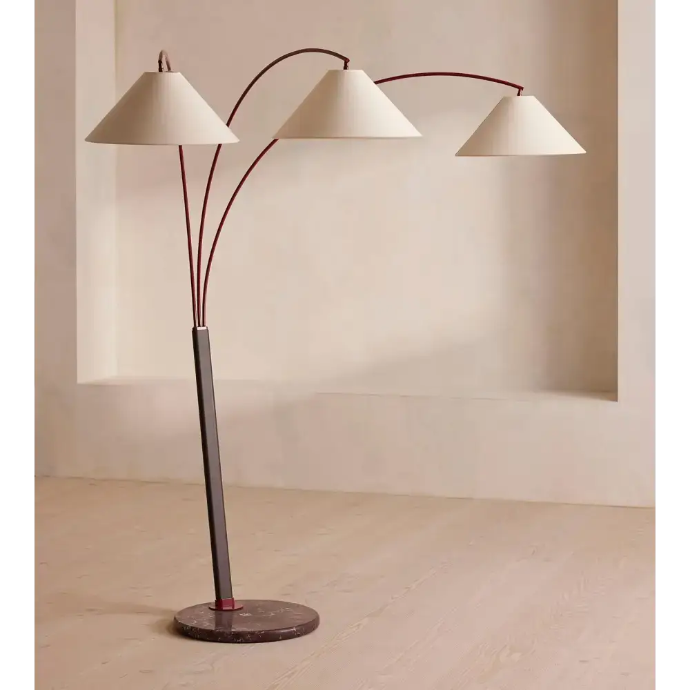 Triple Arm Linen & Marble Floor Lamp | Mid-century Modern Design - Lamps
