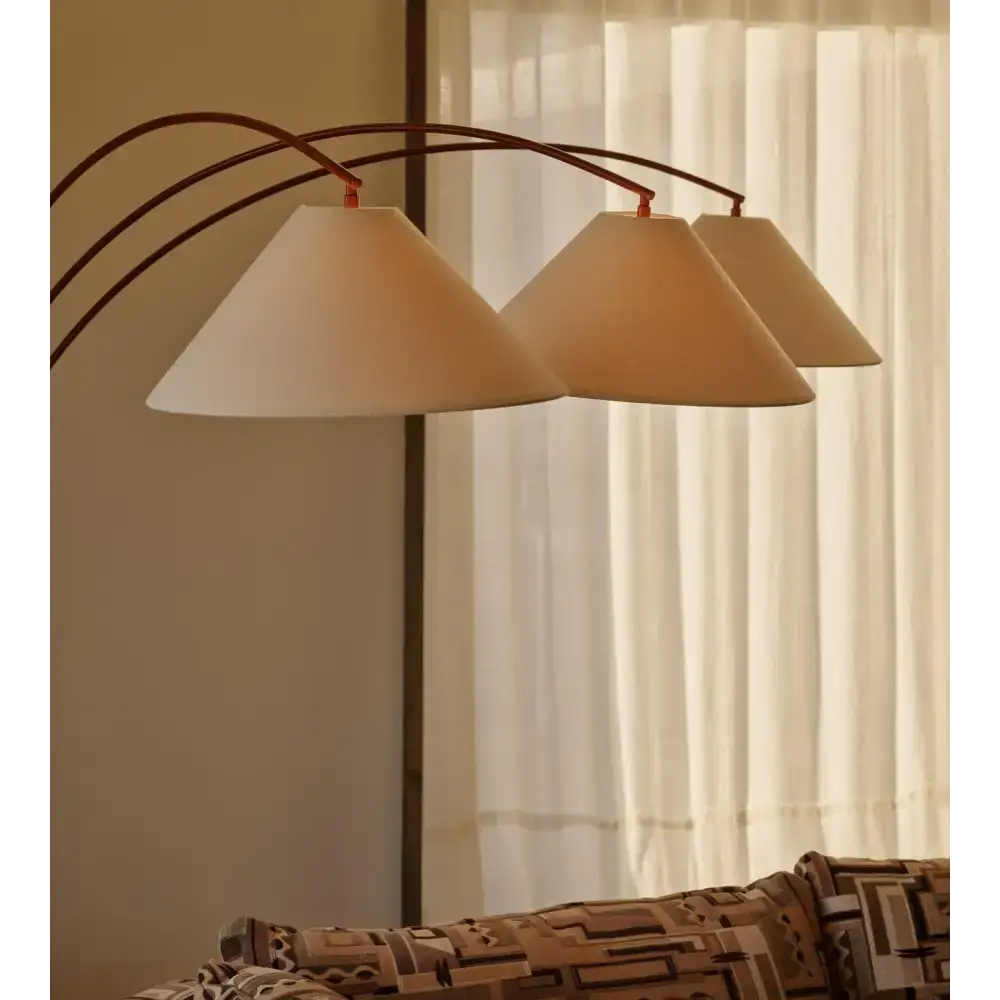 Triple Arm Linen & Marble Floor Lamp | Mid-century Modern Design - Lamps