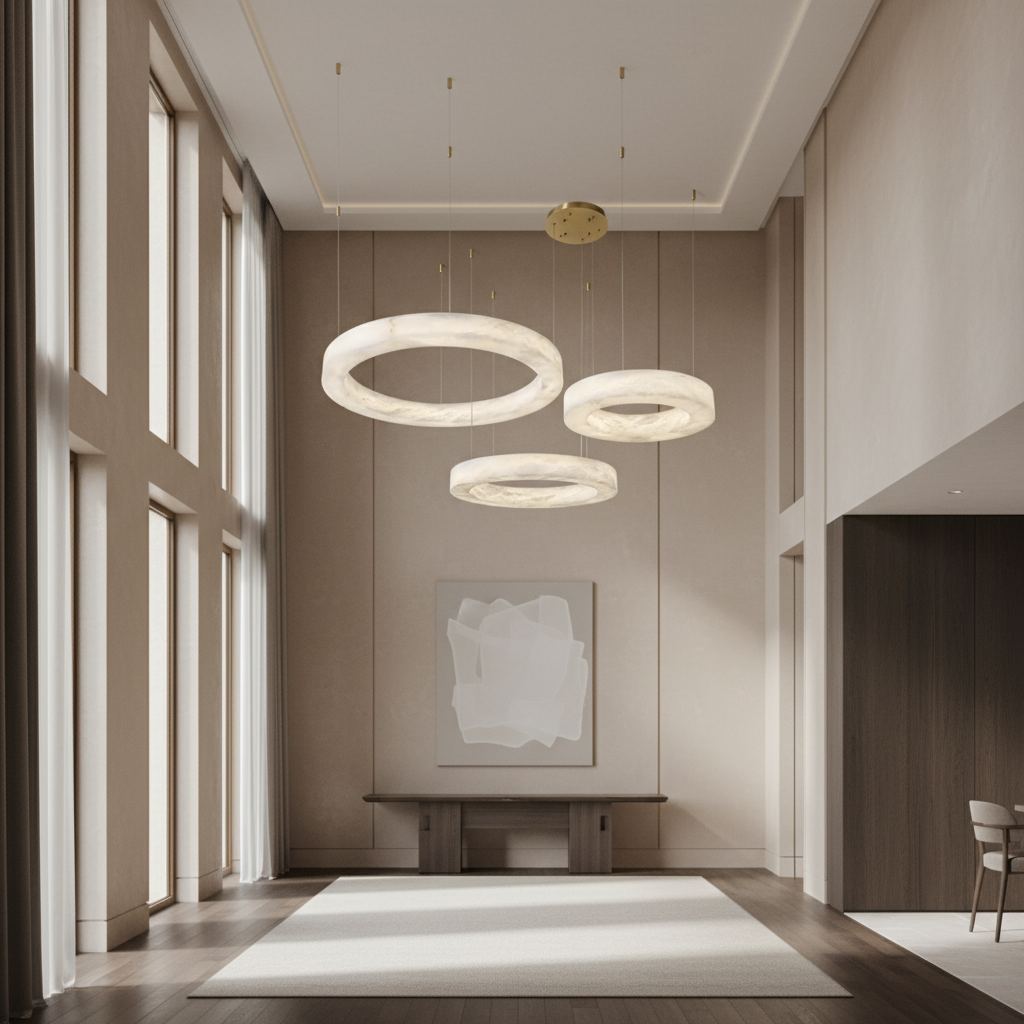Alabaster Triple Ring Pendant Light Brass – Floating Halo Led Chandelier for Staircase & Living Room Casalolalights