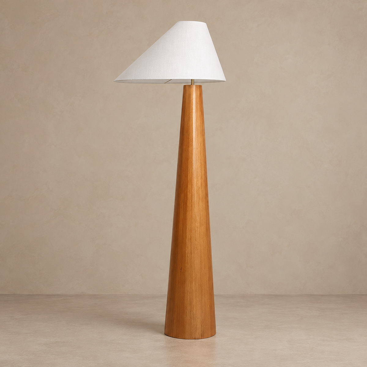 CL333320 floor lamp with a tapered wood column and offset white fabric shade, switched off.