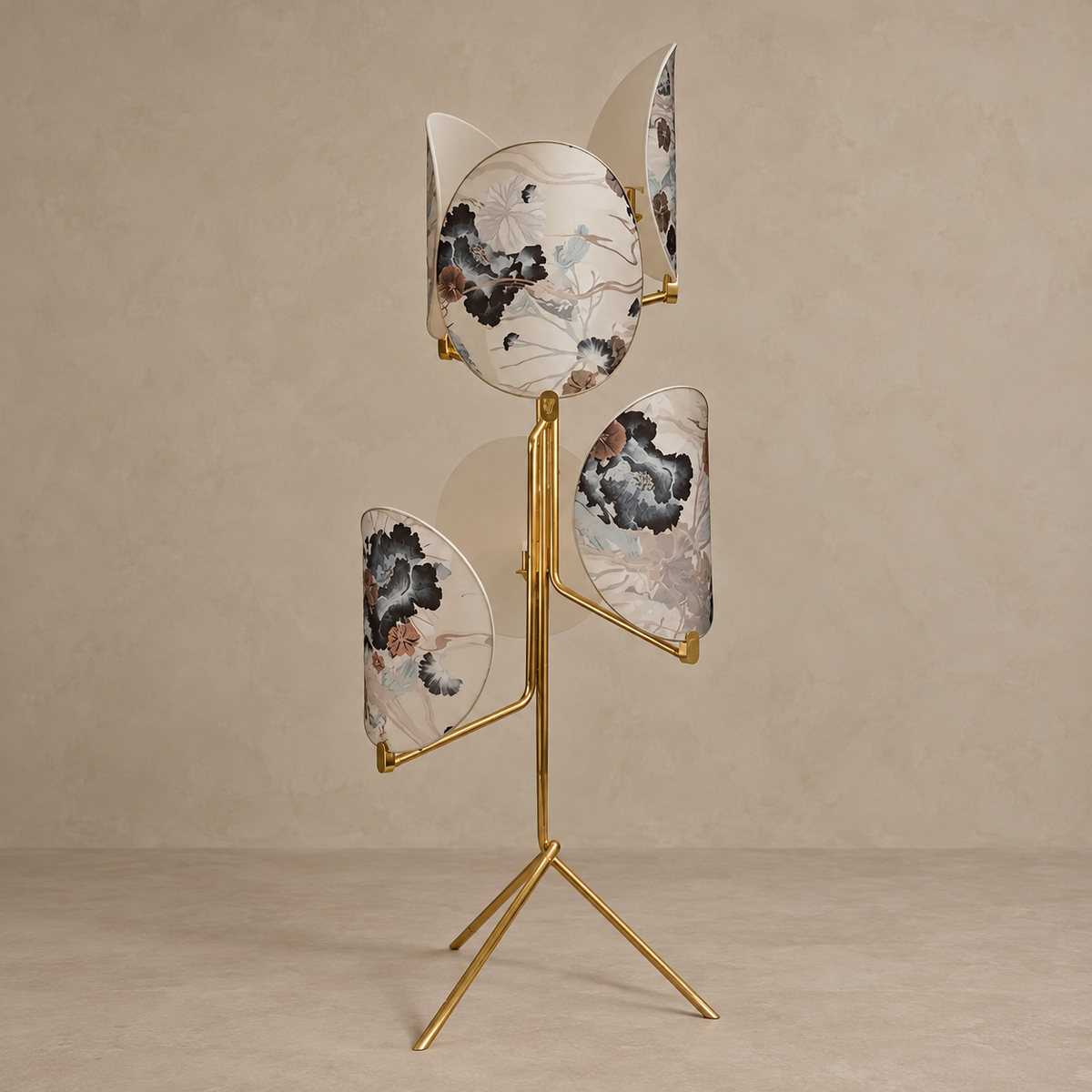 Twig floor lamp with six curved botanical glass screens and a gold tripod base, switched off.