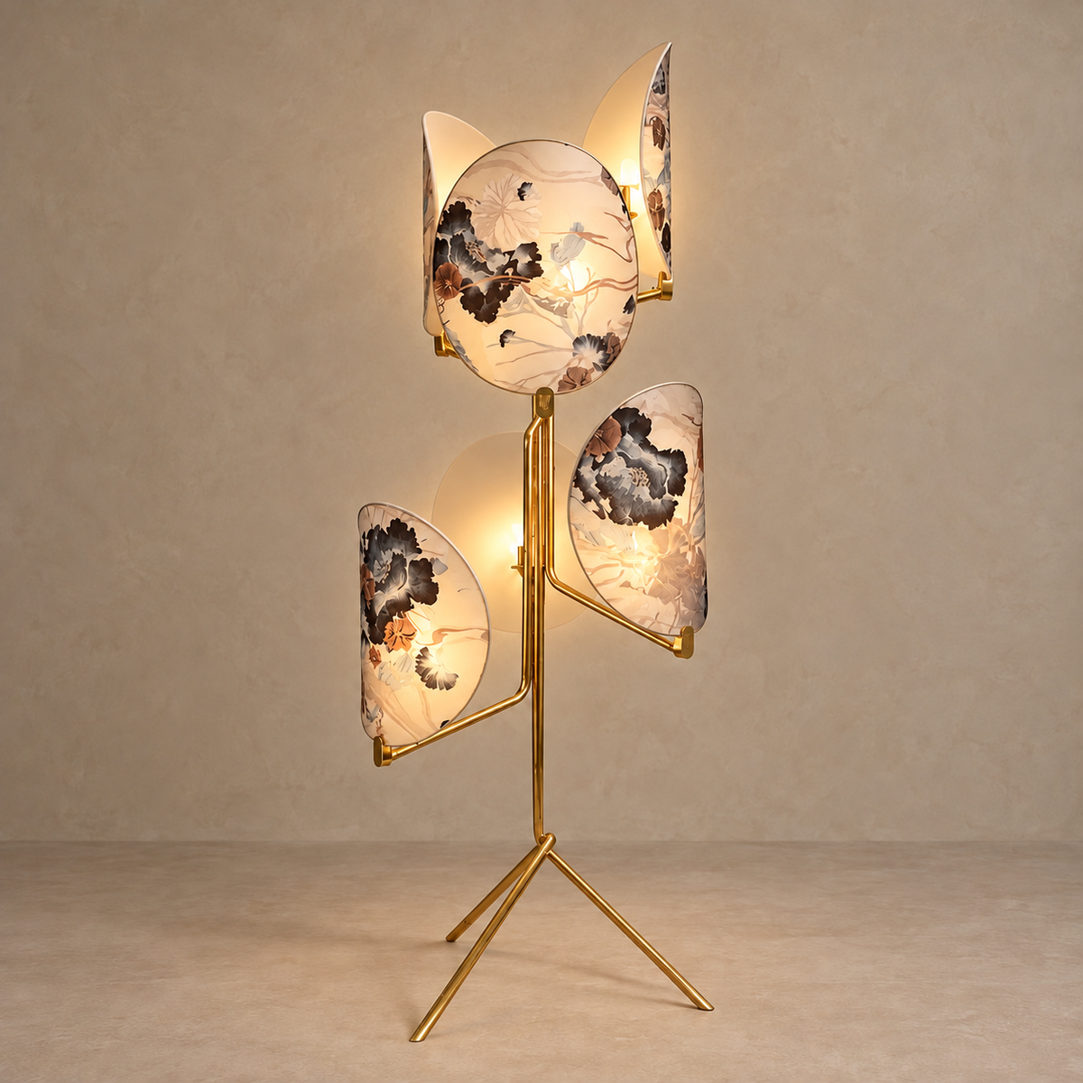 Botanical glass screens softly illuminated by bulbs on the gold twig frame.