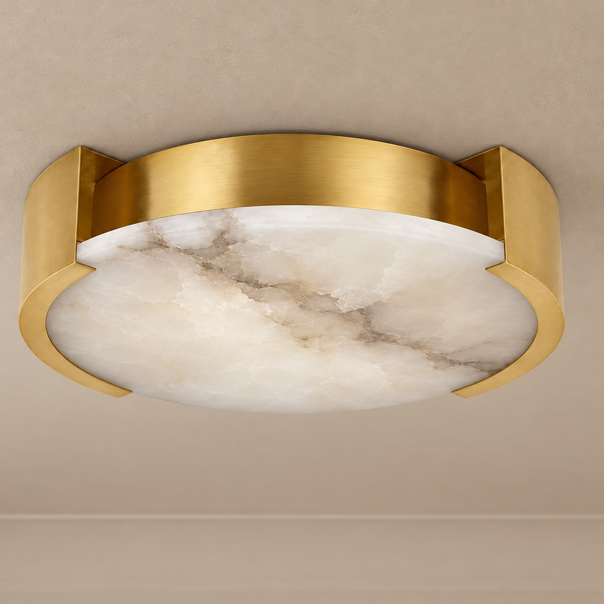 Velatura brass flush mount with cloudy natural alabaster diffuser, unlit.