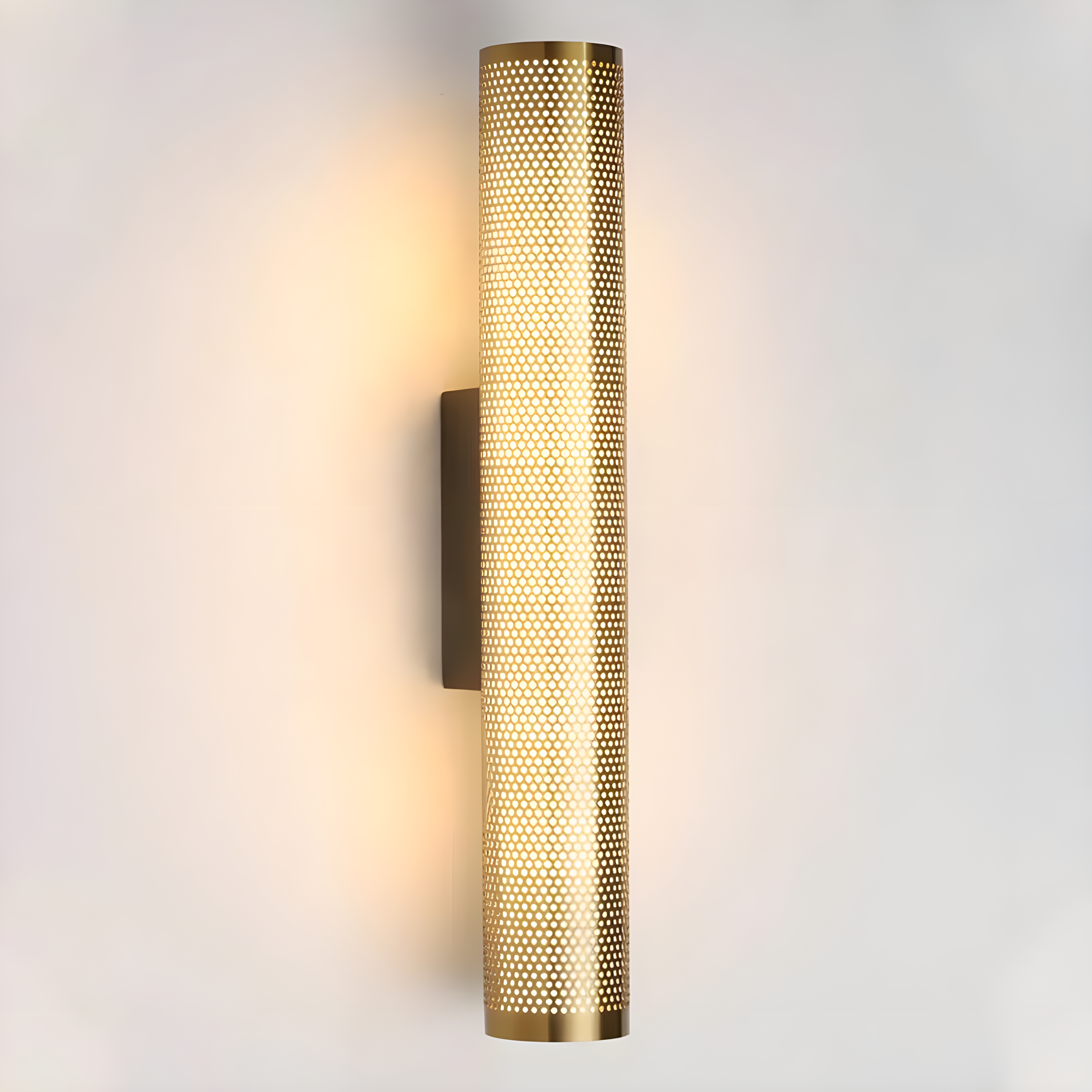 Brass Cylinder Wall Sconce – Modern Perforated Metal Design Ambient Lighting Fixture for Hallways & Bedrooms - Sconces