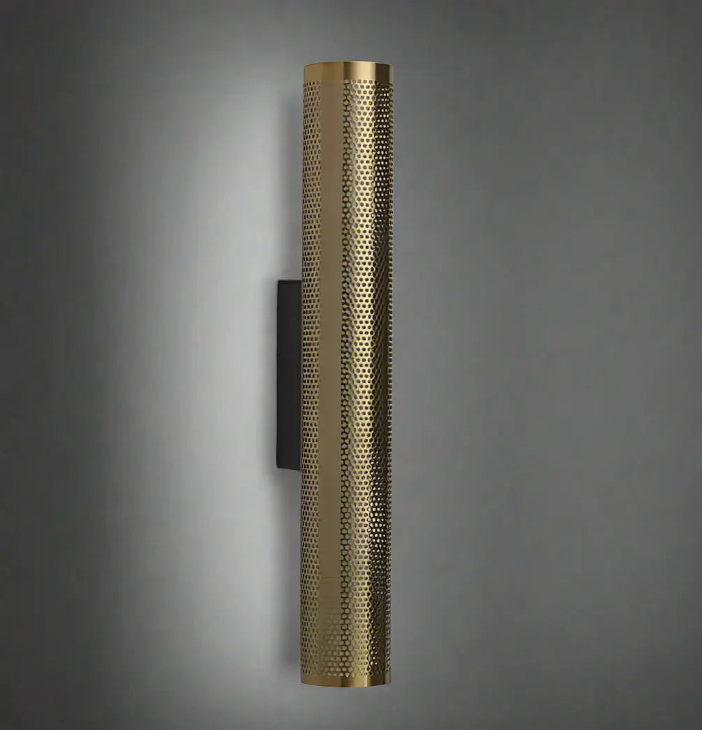 Brass Cylinder Wall Sconce – Modern Perforated Metal Design Ambient Lighting Fixture for Hallways & Bedrooms - Sconces