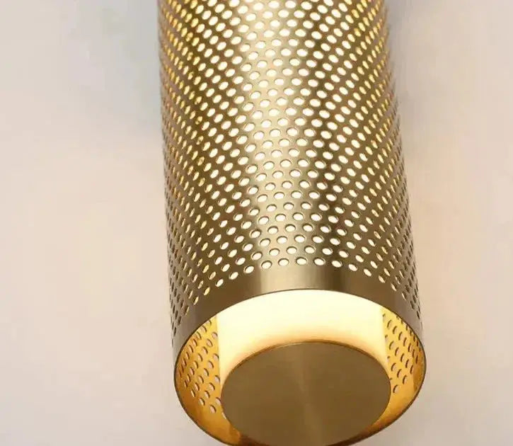 Brass Cylinder Wall Sconce – Modern Perforated Metal Design Ambient Lighting Fixture for Hallways & Bedrooms - Sconces