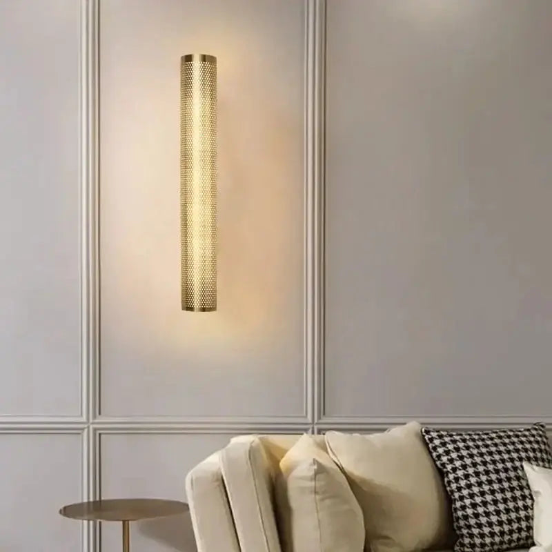 Brass Cylinder Wall Sconce – Modern Perforated Metal Design Ambient Lighting Fixture for Hallways & Bedrooms - Sconces