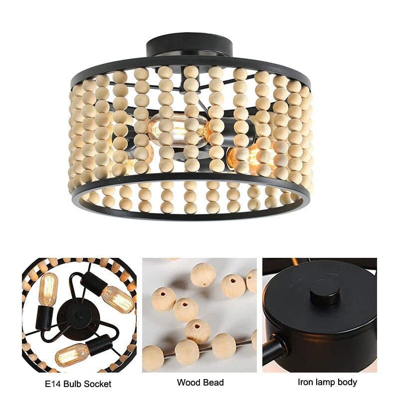Vintage Ceiling Lamp | Wooden Bead Chandelier | Cottagecore for Bedroom Living Room Hallway - Semi-flush Mounts