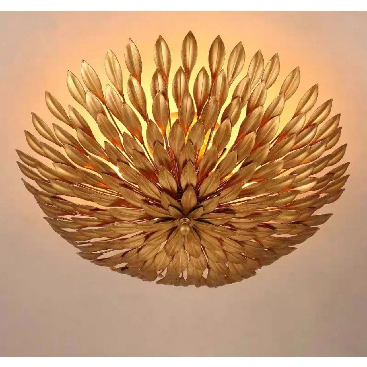 Hand Forged Gilded Leaf Flush Chandelier | Vintage Brass Nest Ceiling Light for Boutique Interiors