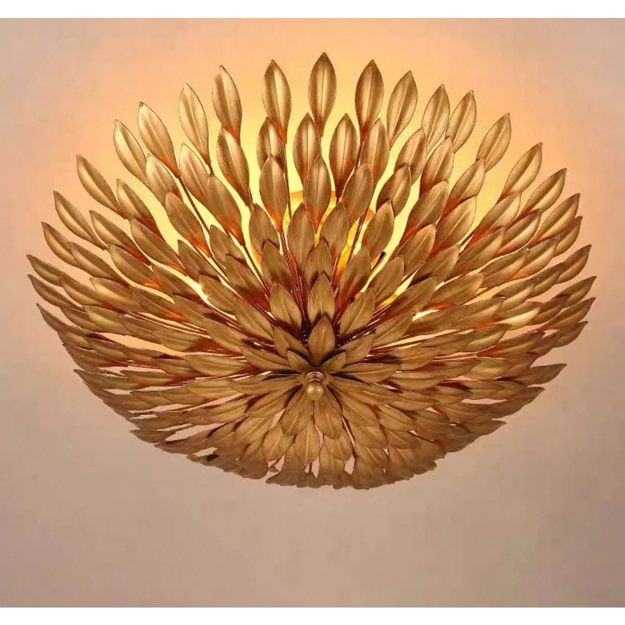 Hand Forged Gilded Leaf Flush Chandelier | Vintage Brass Nest Ceiling Light for Boutique Interiors