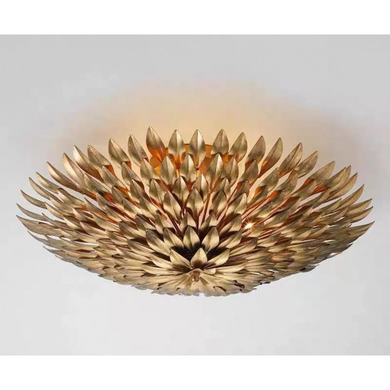 Hand Forged Gilded Leaf Flush Chandelier | Vintage Brass Nest Ceiling Light for Boutique Interiors