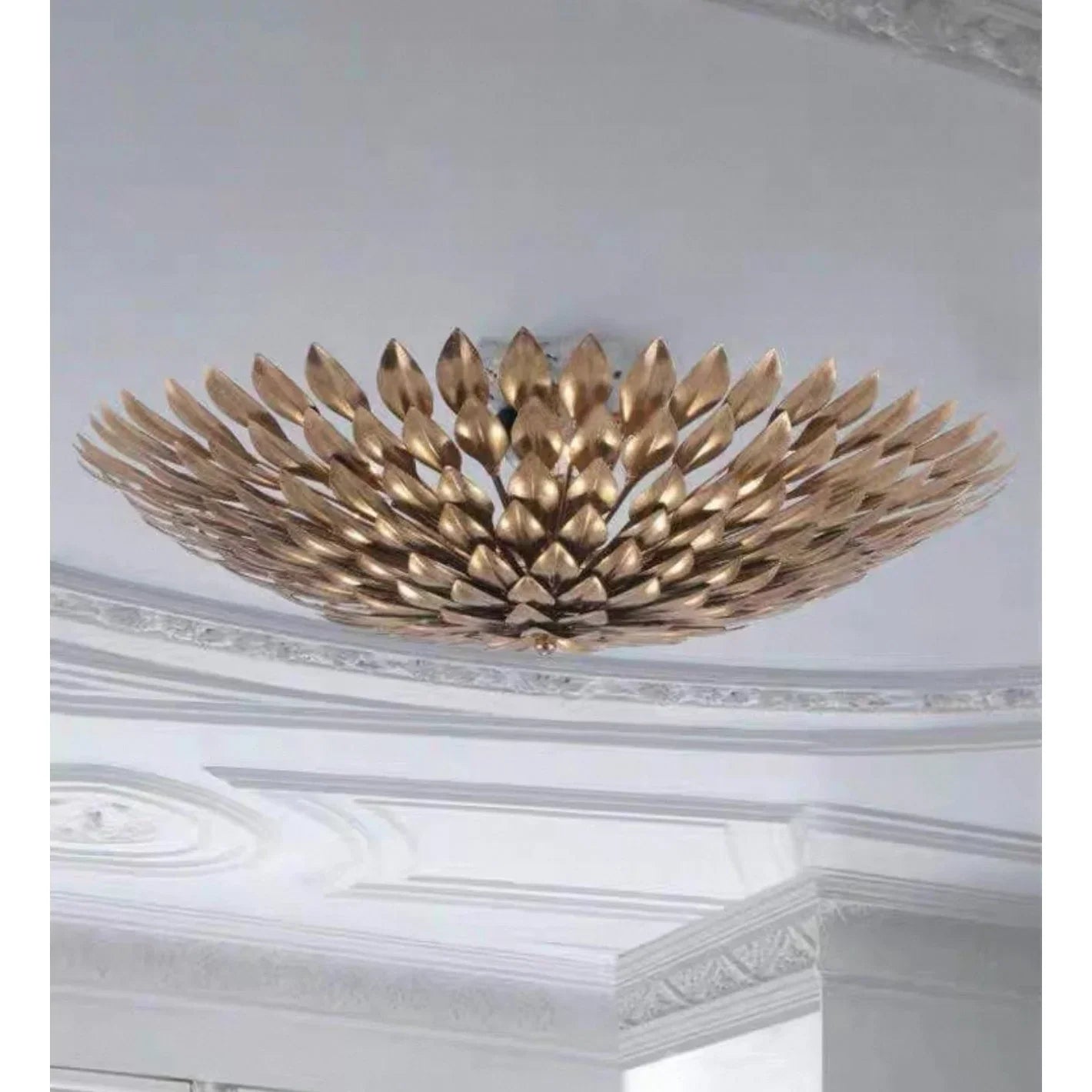Hand Forged Gilded Leaf Flush Chandelier | Vintage Brass Nest Ceiling Light for Boutique Interiors