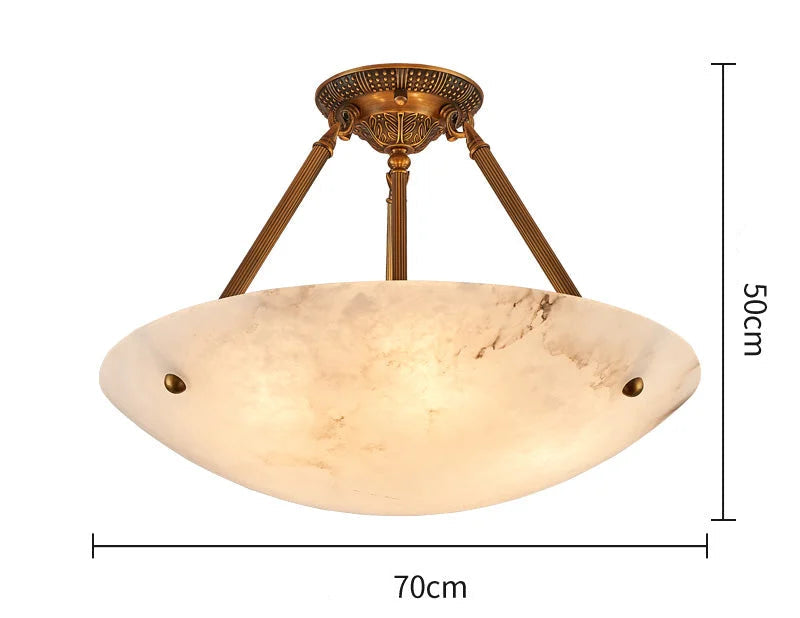 Round Alabaster Bowl Semi Flush Mount | Vintage Brass Suspension Light for Gallery Ceilings
