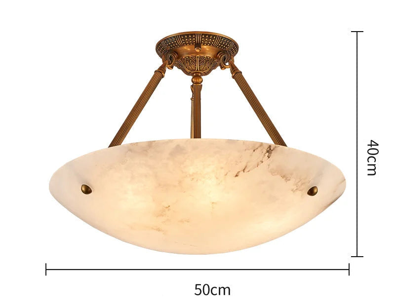 Round Alabaster Bowl Semi Flush Mount | Vintage Brass Suspension Light for Gallery Ceilings