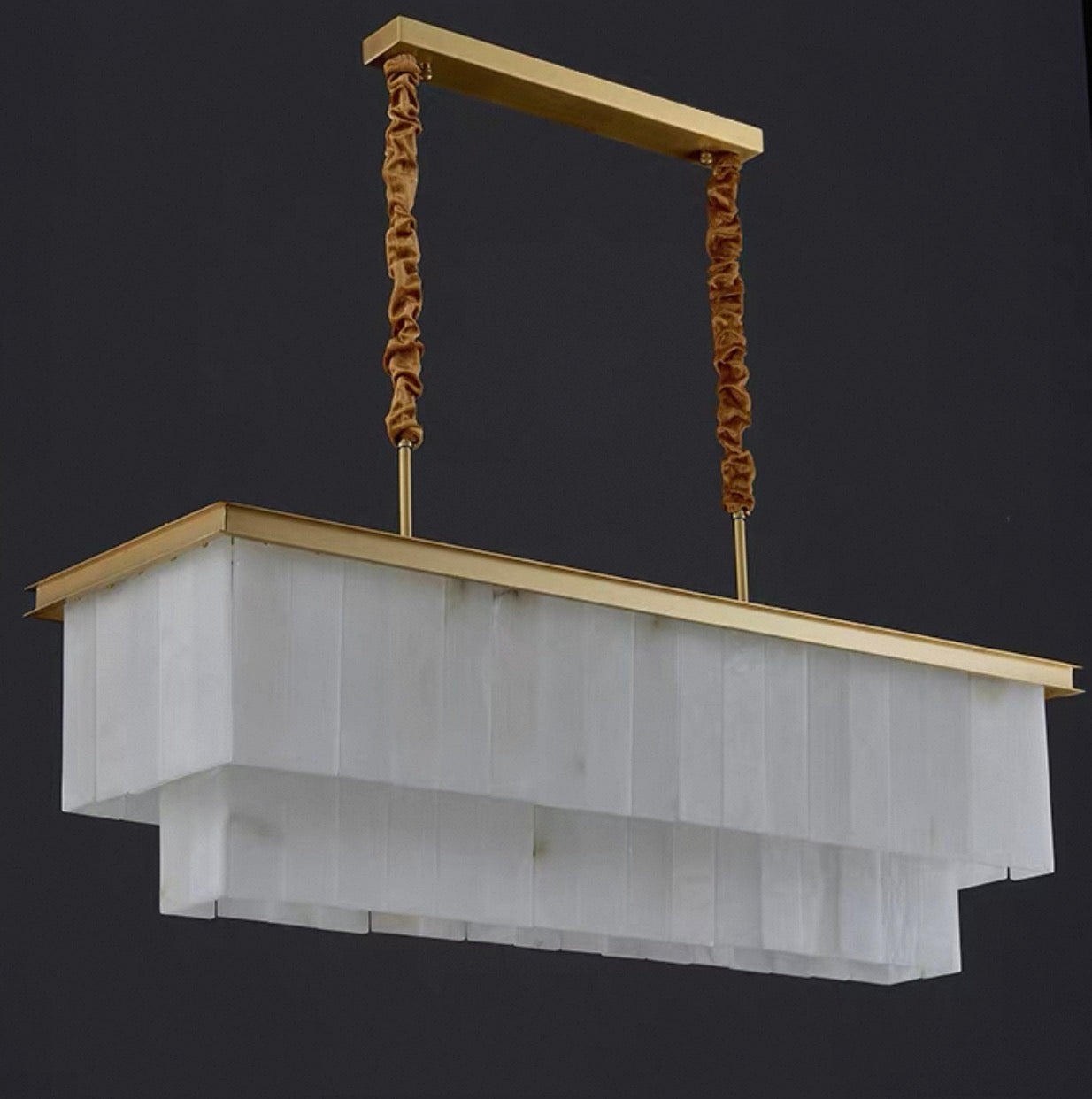 Genuine Alabaster Linear Chandelier | 41’’ Art Deco Dining Light | Solid Copper & Velvet Detail | Casalola Lights