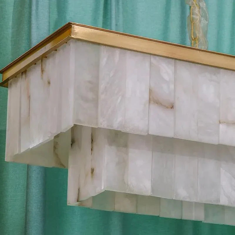 Genuine Alabaster Linear Chandelier | 41’’ Art Deco Dining Light | Solid Copper & Velvet Detail | Casalola Lights