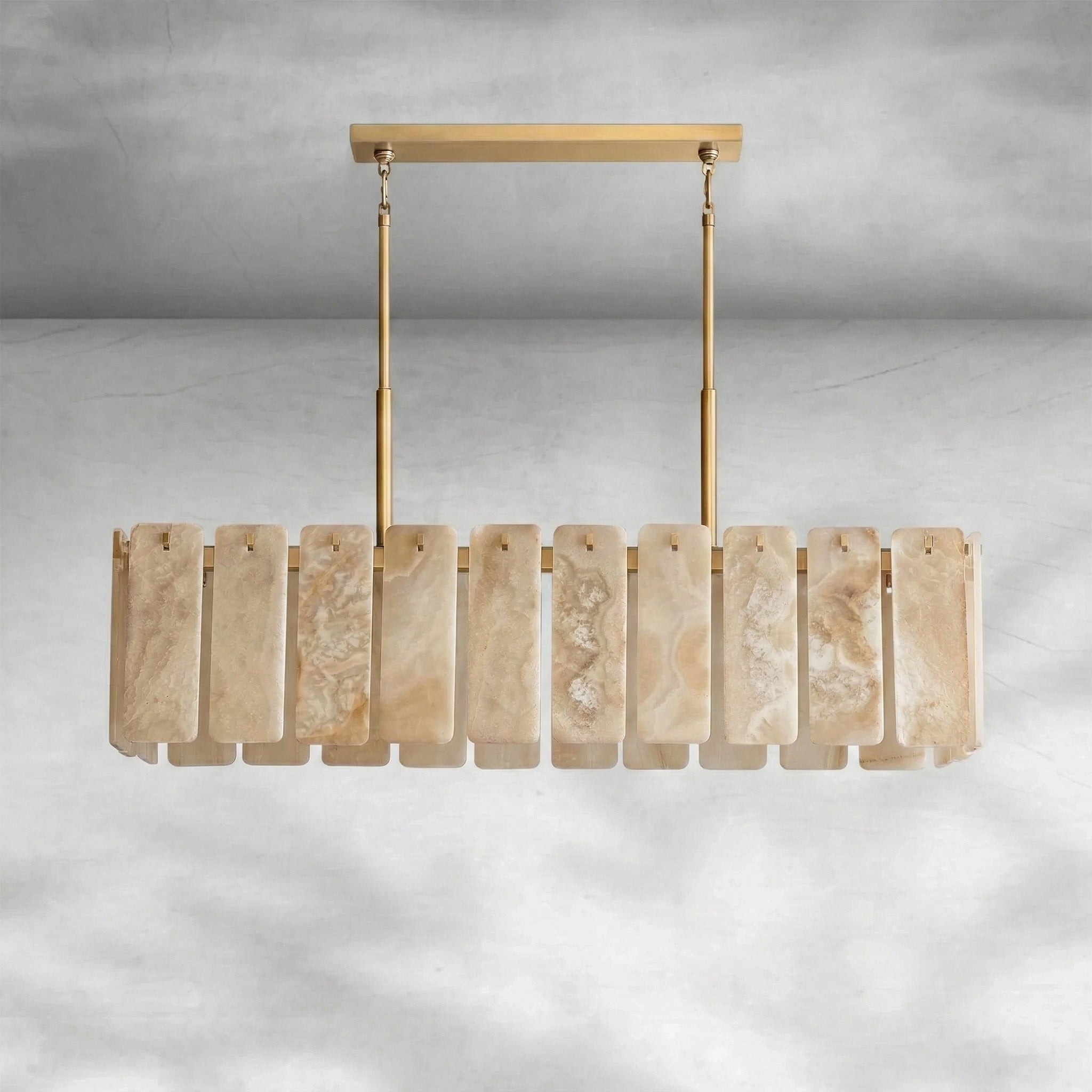 Solid Copper Linear Chandelier | Natural Alabaster Panels | 152cm - 183cm Dining Light | Real Stone | Casalola Lights