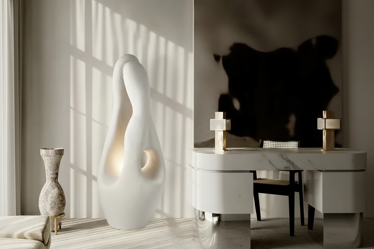 Wabi-sabi resin standing lamp in a reading nook