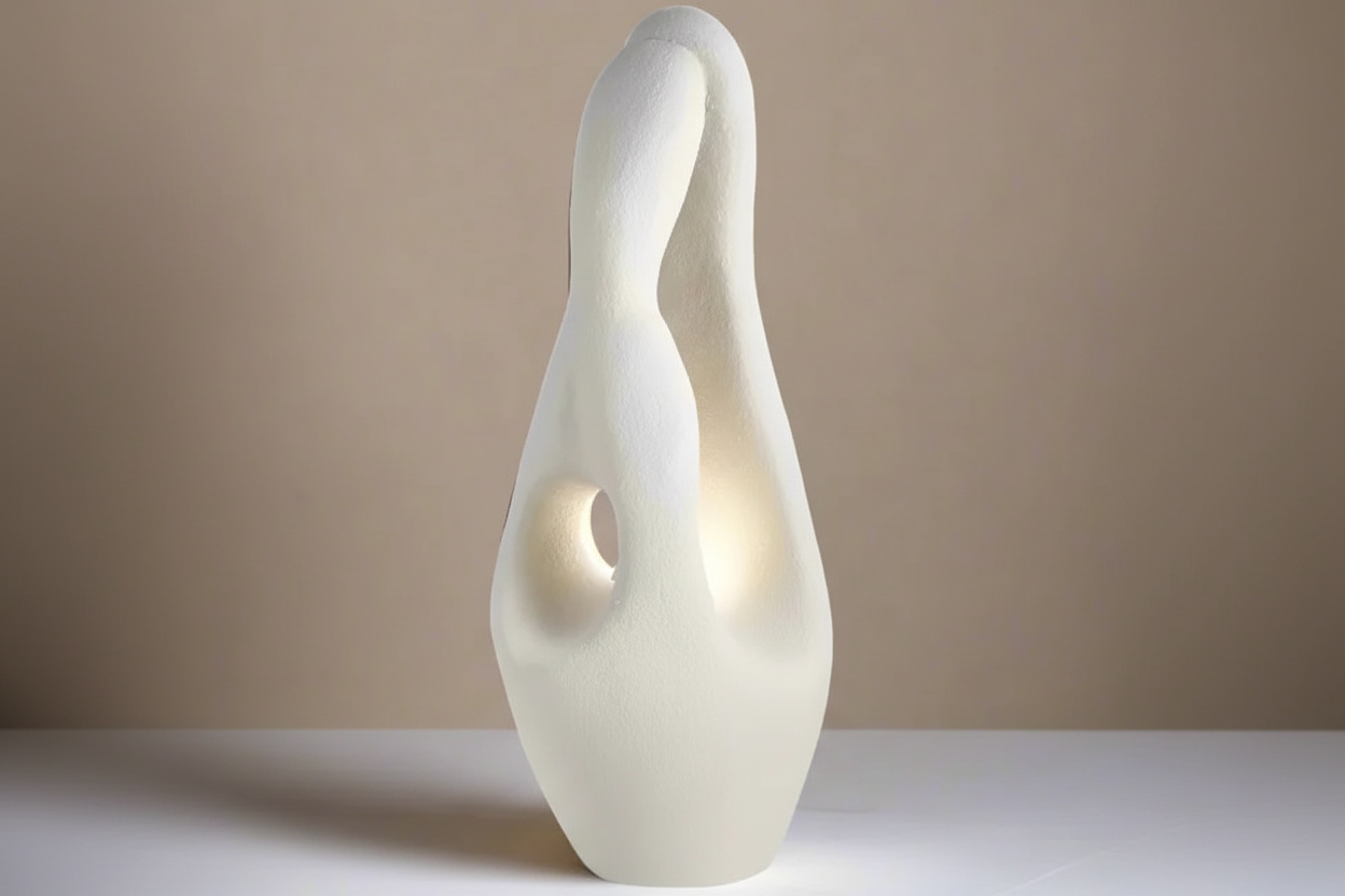 Organic sculptural floor lamp in a bedroom