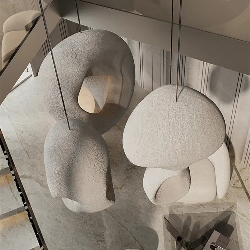 Sculptural resin suspend lamp in a living room